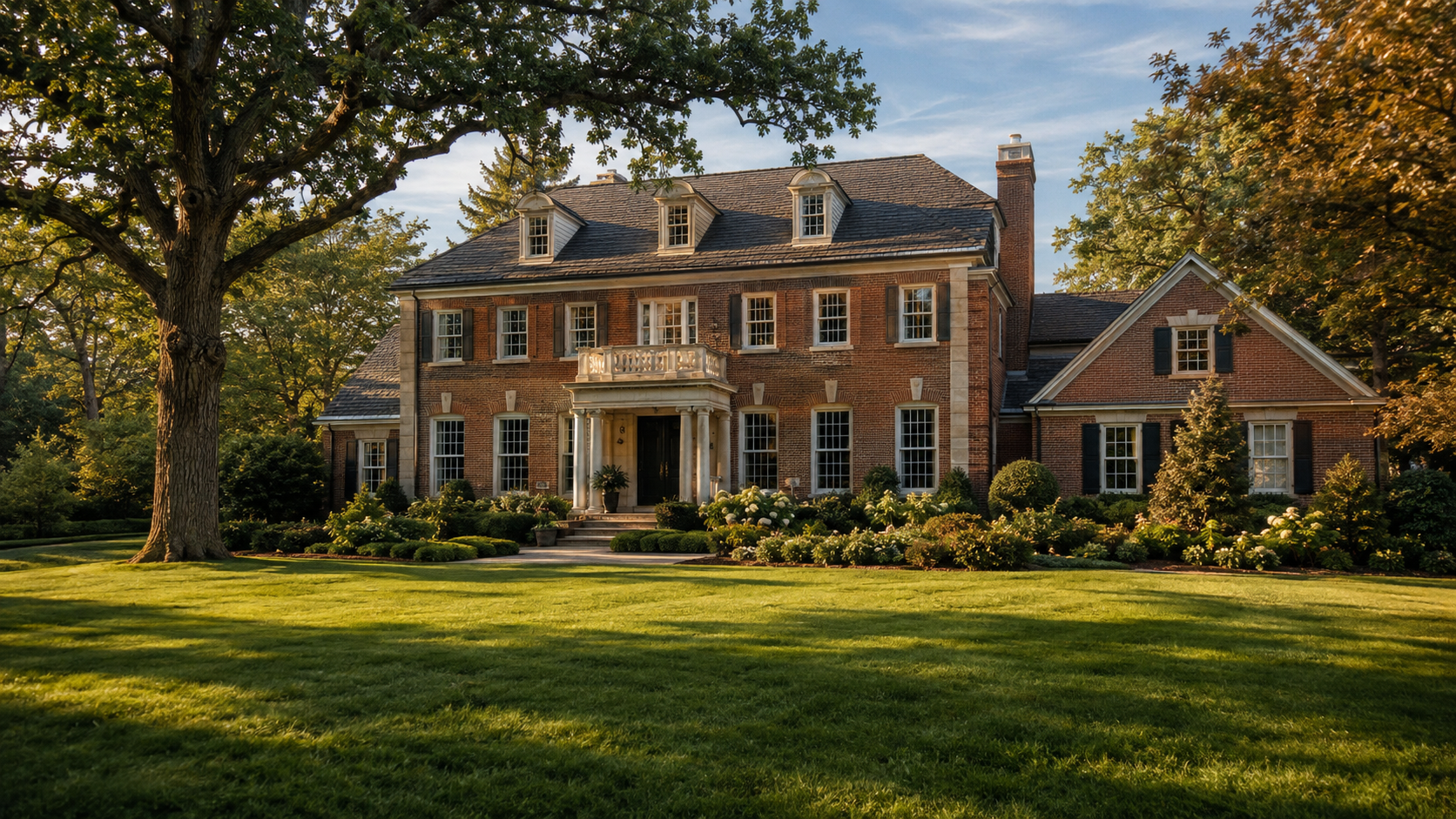 Brick Georgian house with a columned entry, a broad lawn, and mature trees